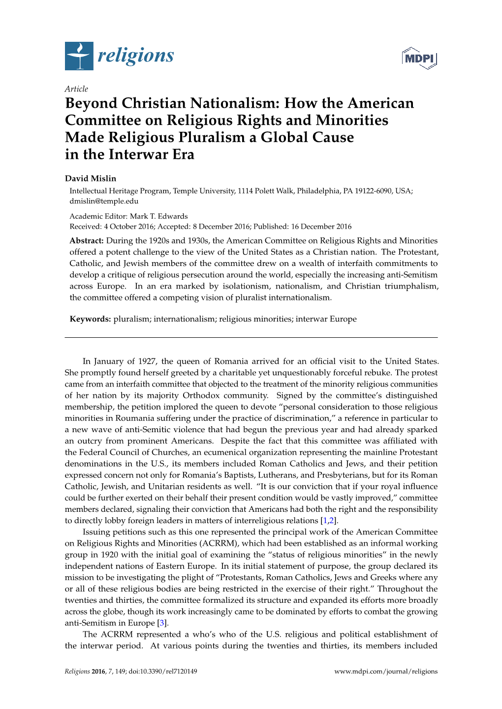 Beyond Christian Nationalism: How the American Committee on Religious Rights and Minorities Made Religious Pluralism a Global Cause in the Interwar Era