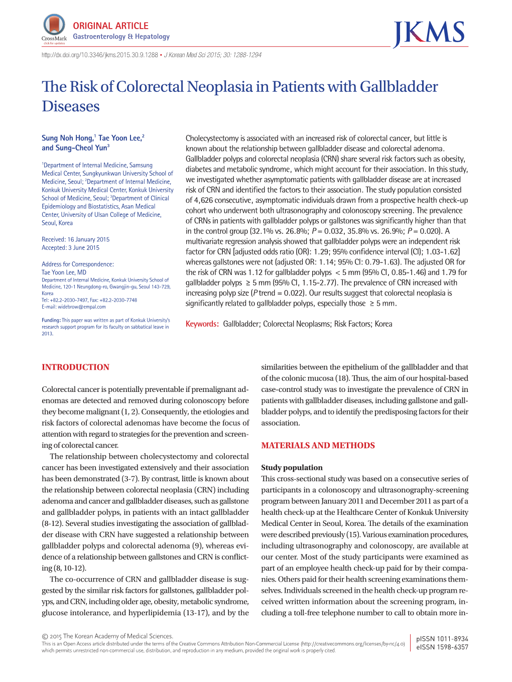 The Risk of Colorectal Neoplasia in Patients with Gallbladder Diseases