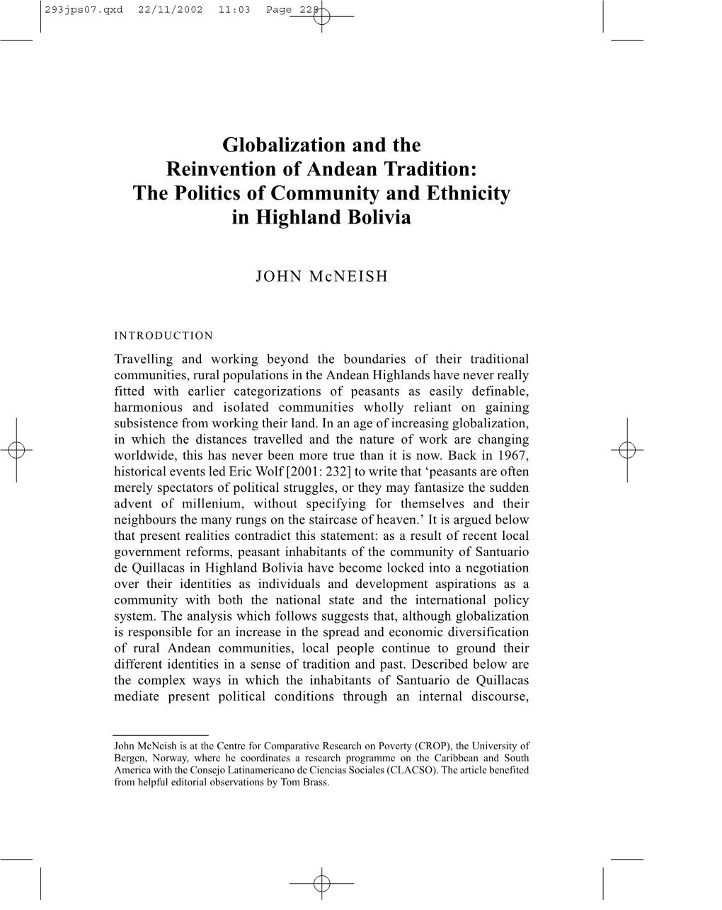 Globalization and the Reinvention of Andean Tradition: the Politics of Community and Ethnicity in Highland Bolivia