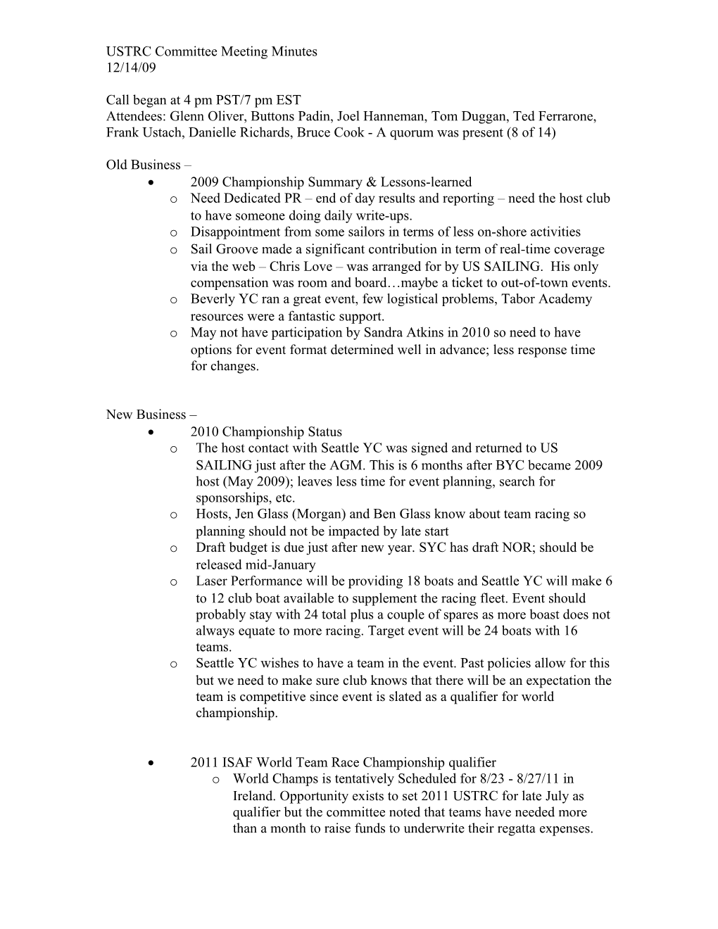 USTRC Committee Meeting Minutes