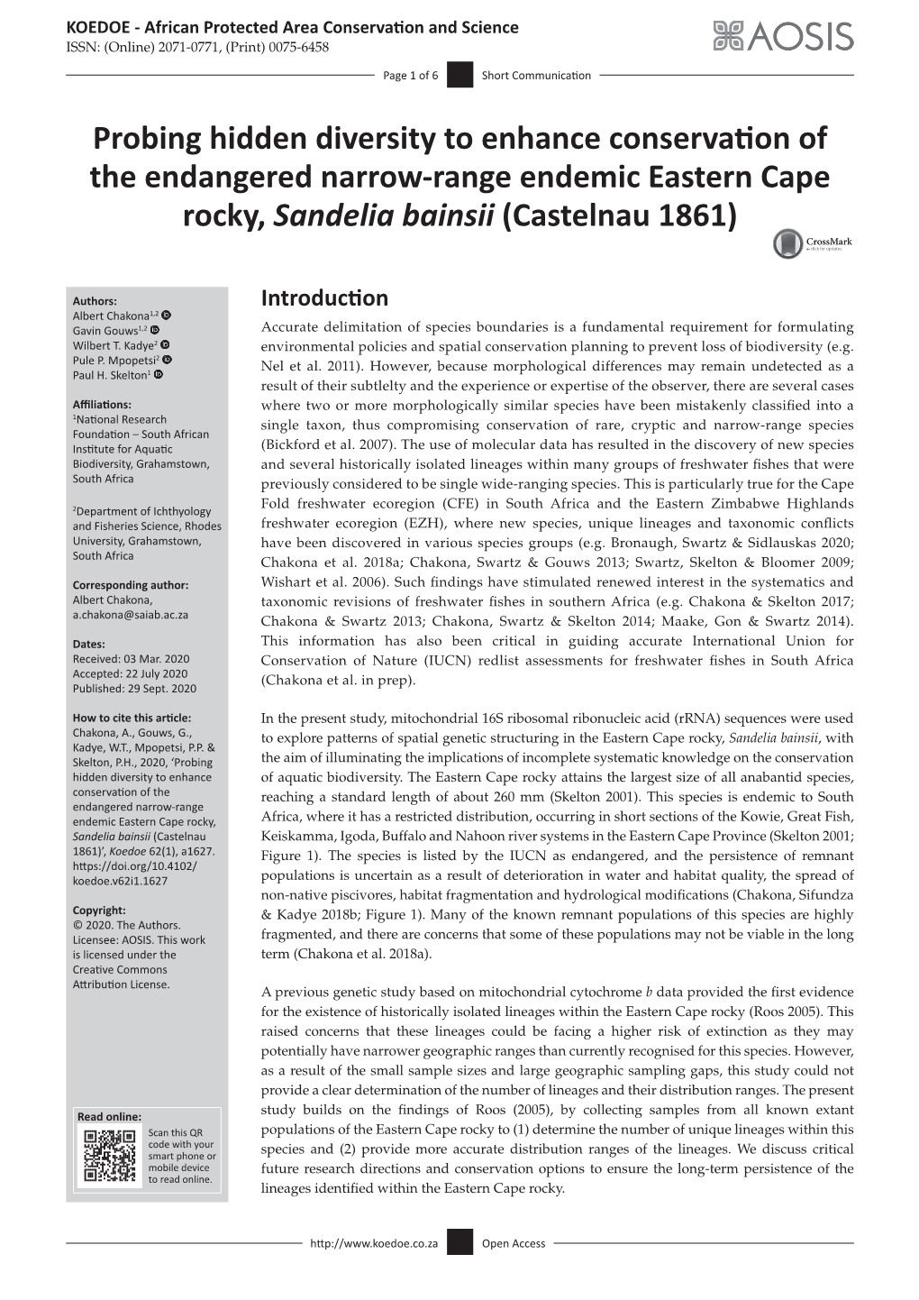 Probing Hidden Diversity to Enhance Conservation of the Endangered Narrow-Range Endemic Eastern Cape Rocky, Sandelia Bainsii (Castelnau 1861)