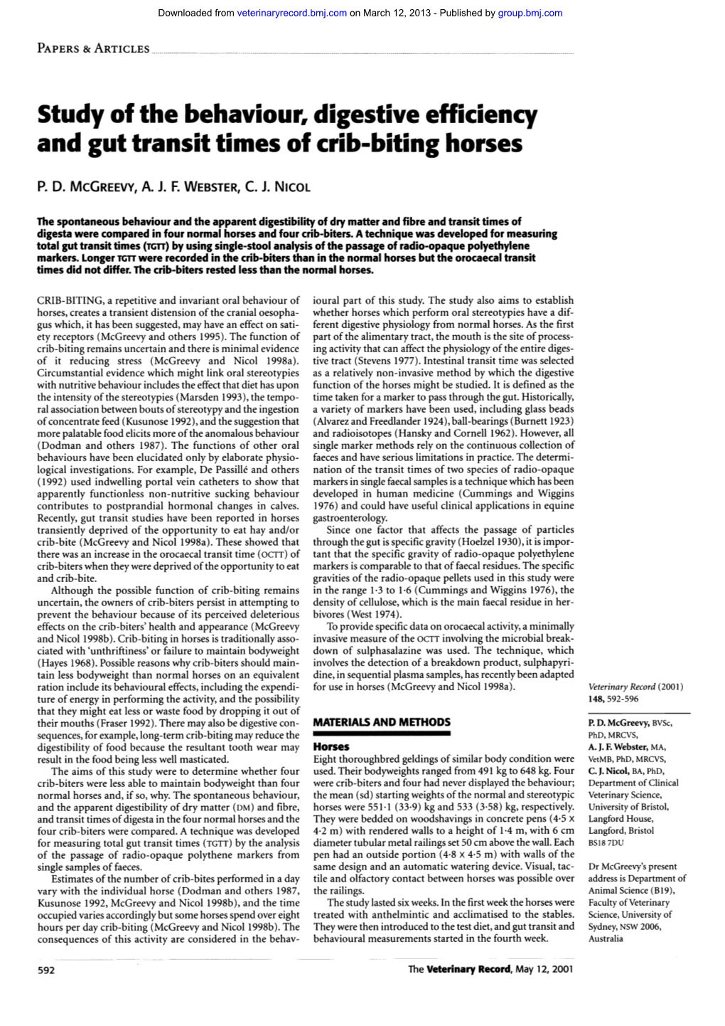 Study of the Behaviour, Digestive Efficiency and Gut Transit Times of Crib-Biting Horses