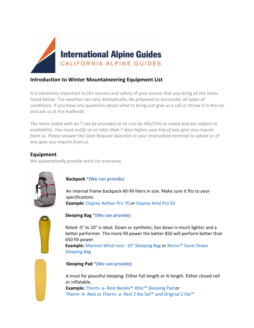 Introduction to Winter Mountaineering Equipment List Equipment