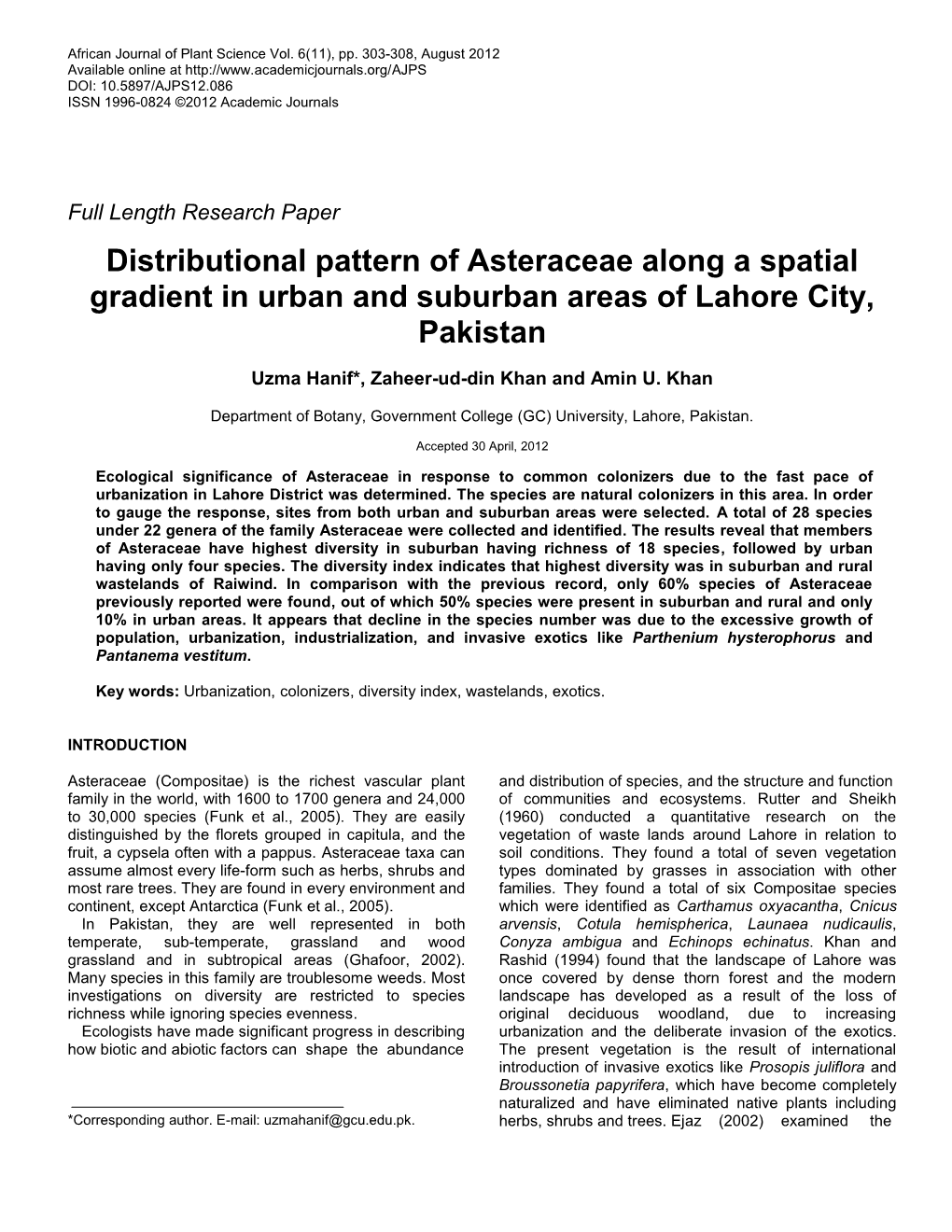 Distributional Pattern of Asteraceae Along a Spatial Gradient in Urban and Suburban Areas of Lahore City, Pakistan