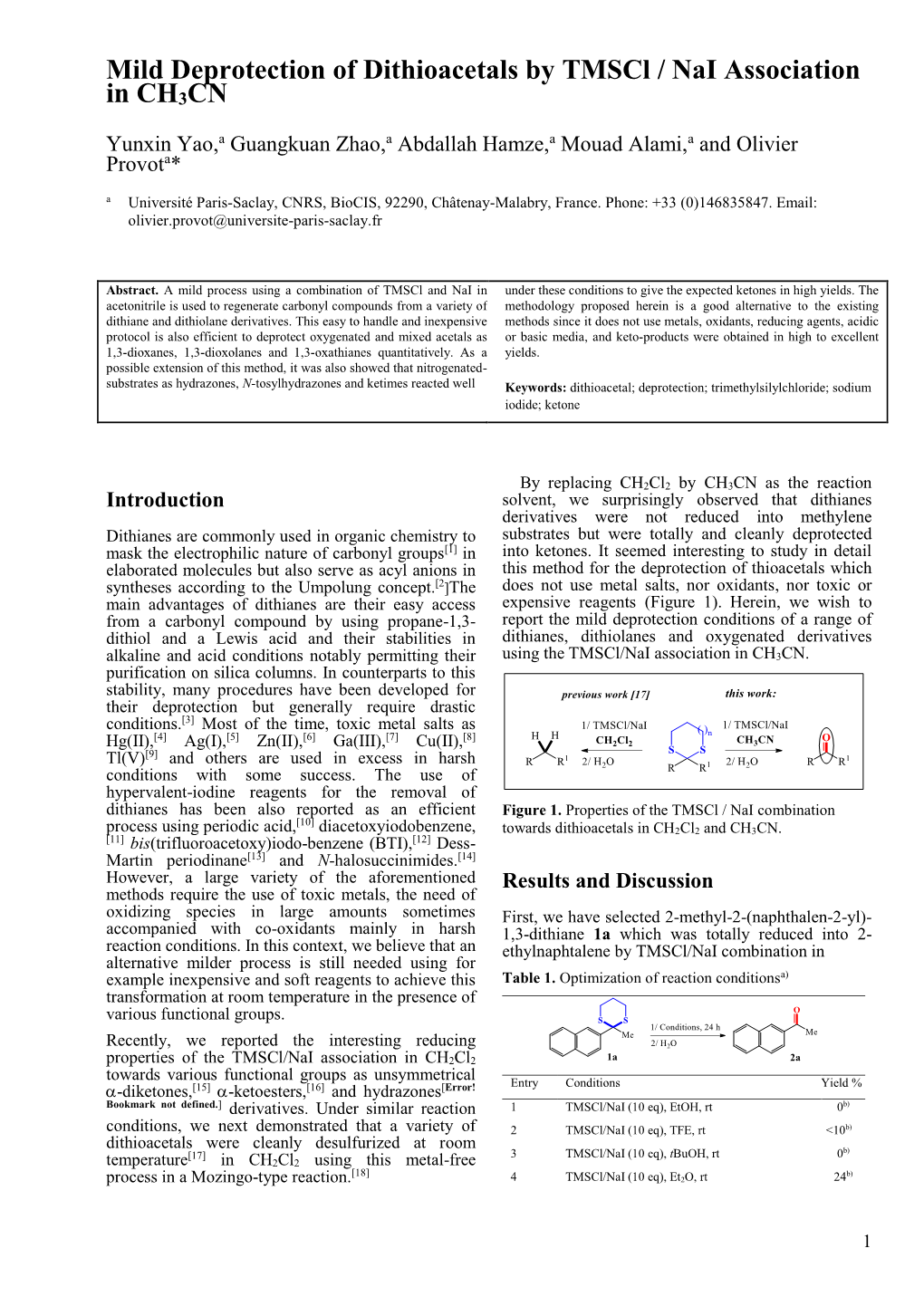 Mild Deprotection of Dithioacetals by Tmscl / Nai Association in CH3CN