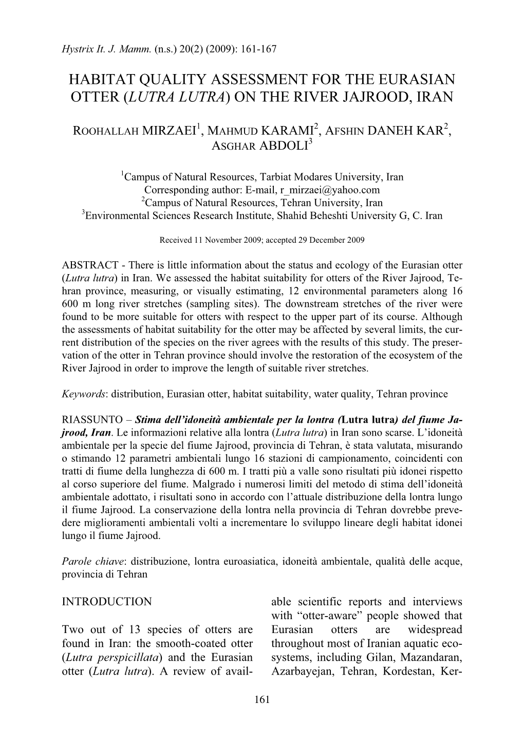 Habitat Quality Assessment for the Eurasian Otter (Lutra Lutra) on the River Jajrood, Iran