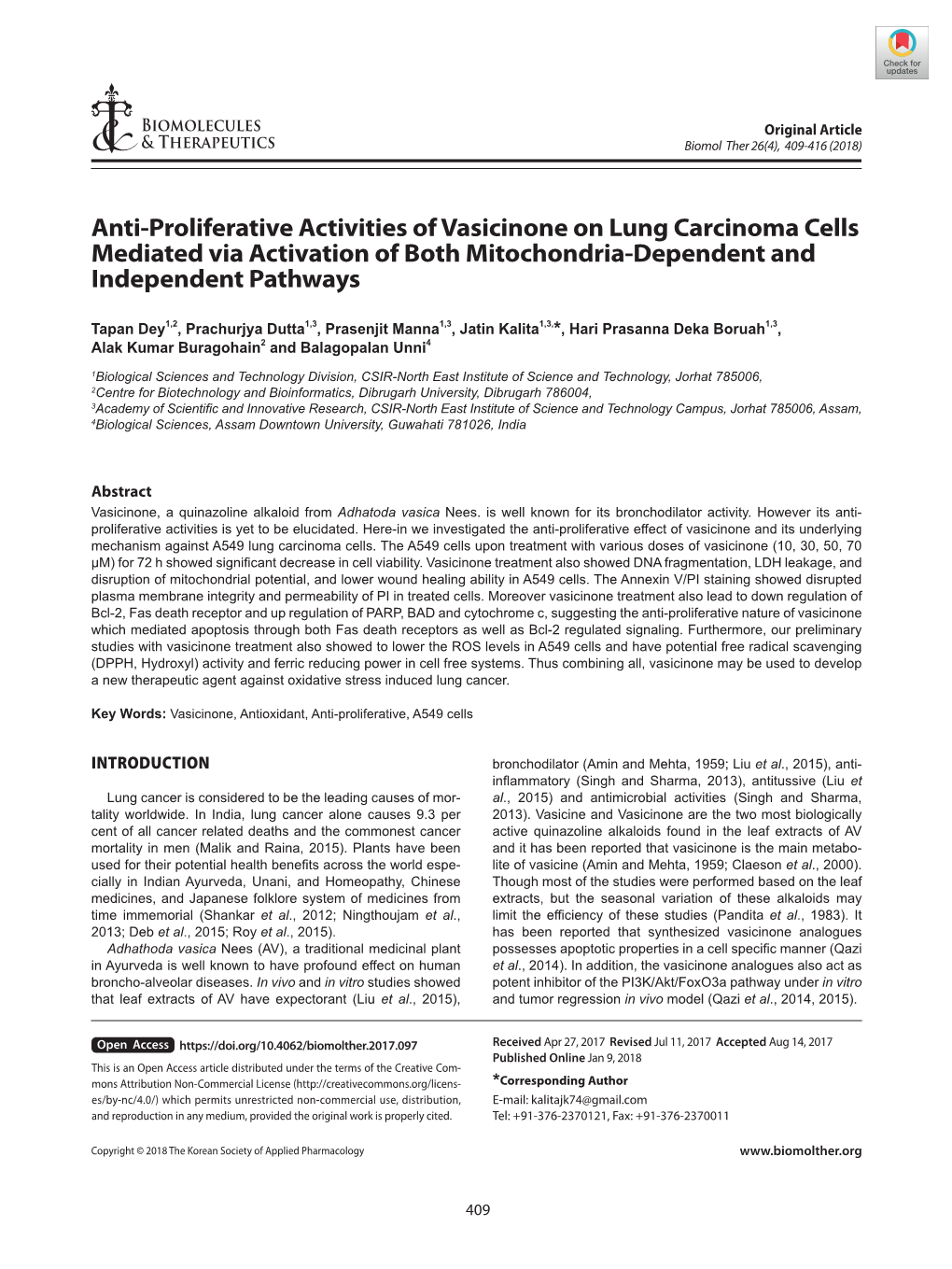 Anti-Proliferative Activities of Vasicinone on Lung Carcinoma Cells Mediated Via Activation of Both Mitochondria-Dependent and Independent Pathways