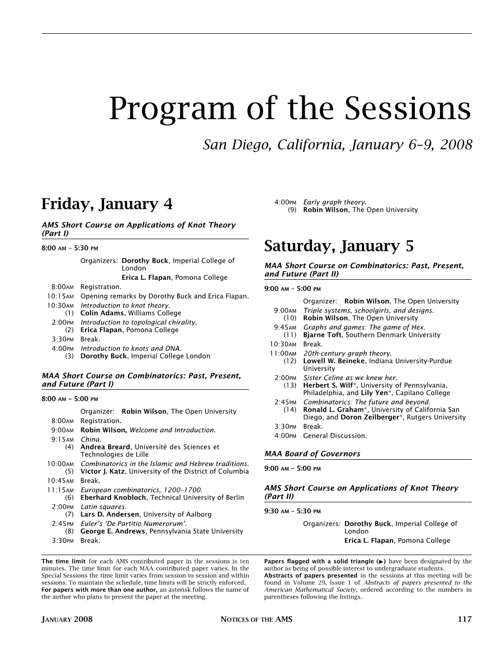 Program of the Sessions San Diego, California, January 6–9, 2008