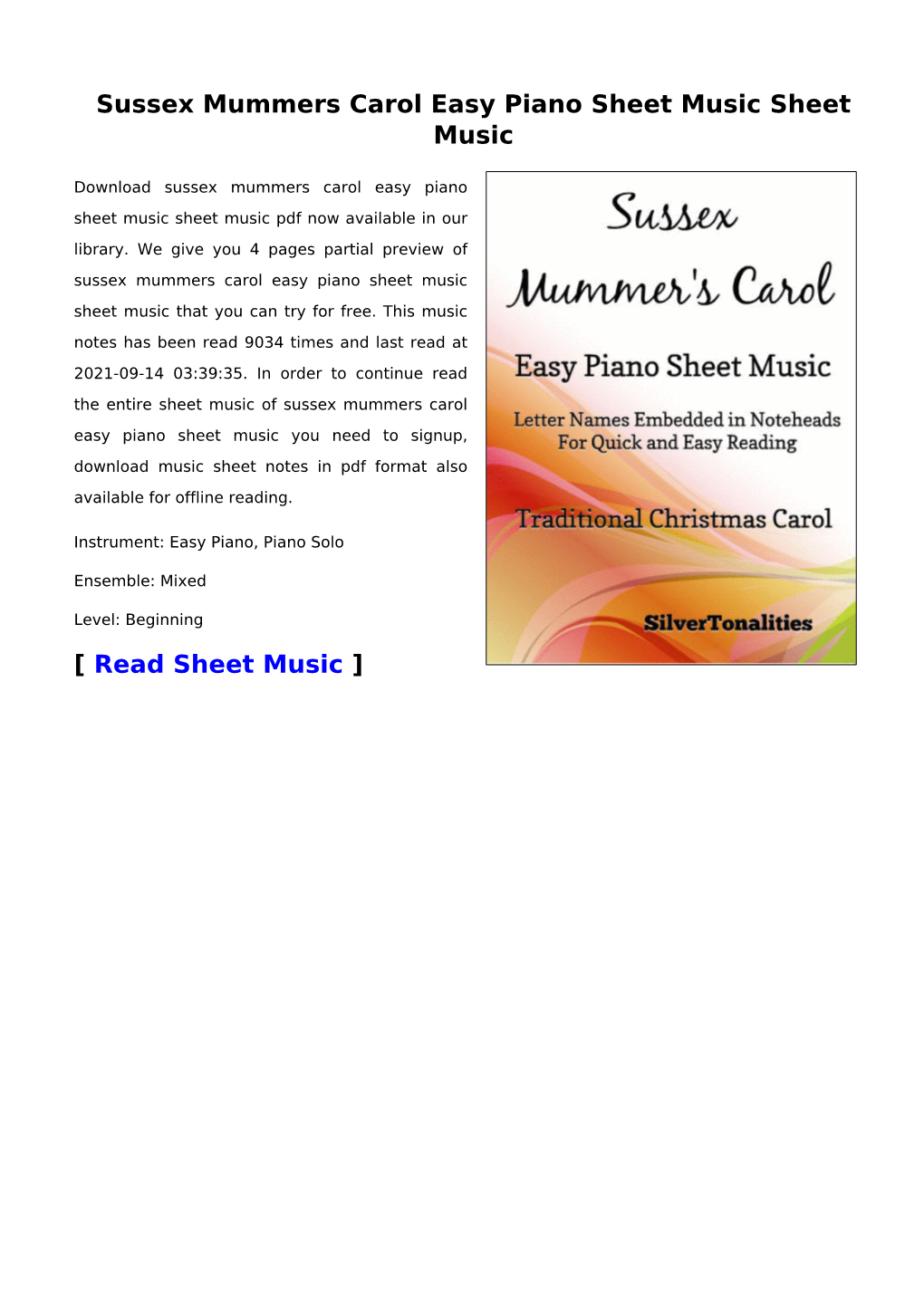 Sussex Mummers Carol Easy Piano Sheet Music Sheet Music