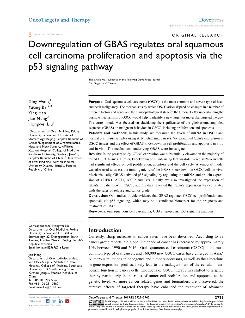 Downregulation of GBAS Regulates Oral Squamous Cell Carcinoma Proliferation and Apoptosis Via the P53 Signaling Pathway