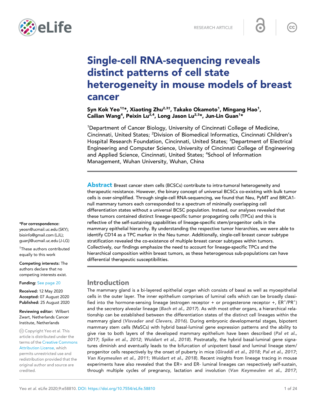 Single-Cell RNA-Sequencing Reveals Distinct Patterns of Cell State Heterogeneity in Mouse Models of Breast Cancer