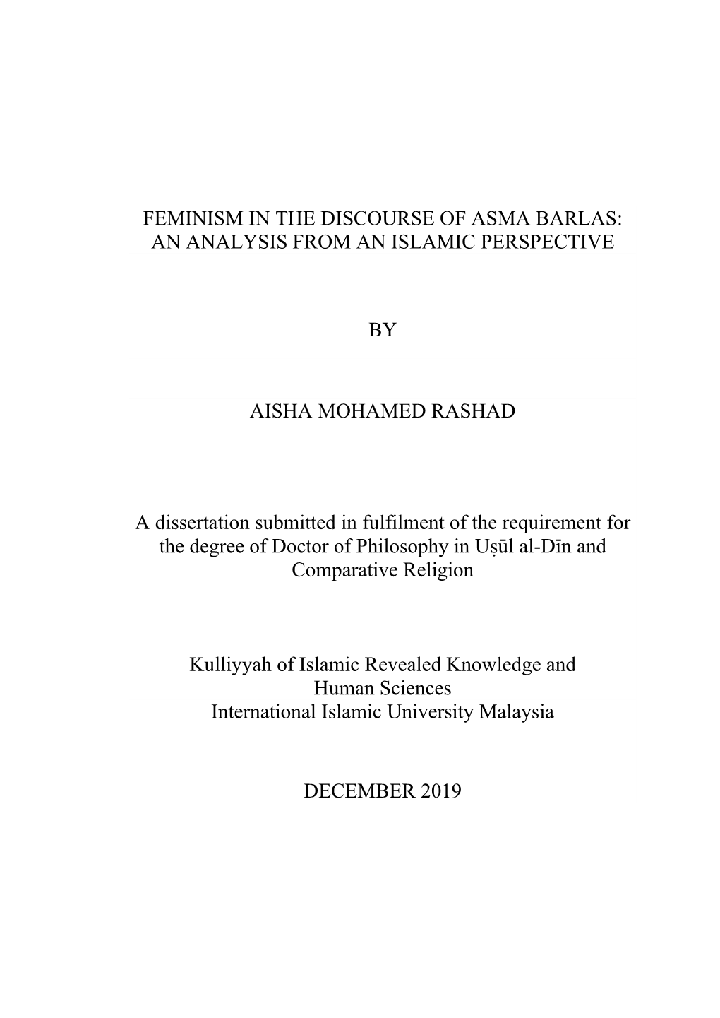 Feminism in the Discourse of Asma Barlas: an Analysis from an Islamic Perspective