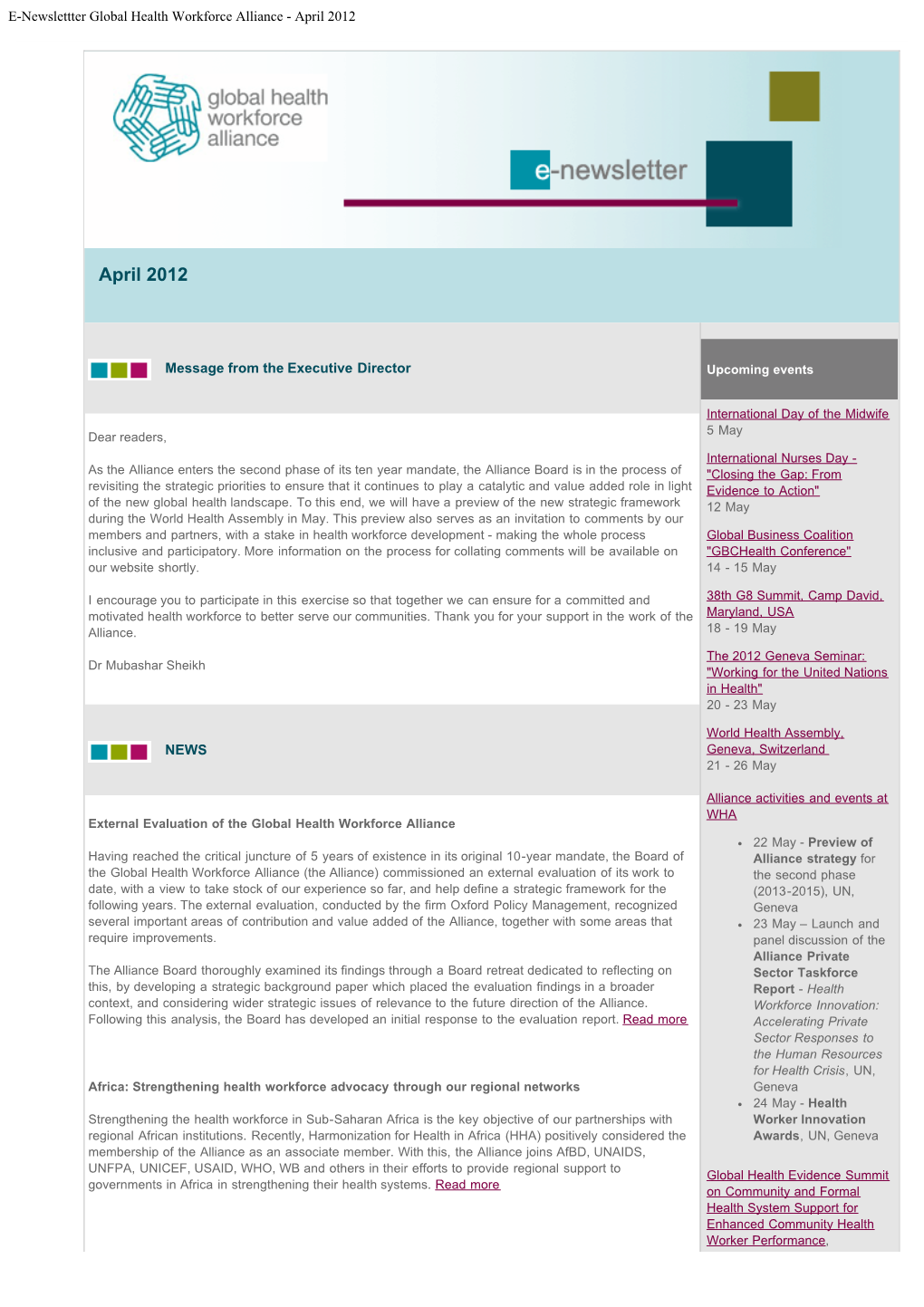 E-Newslettter Global Health Workforce Alliance - April 2012