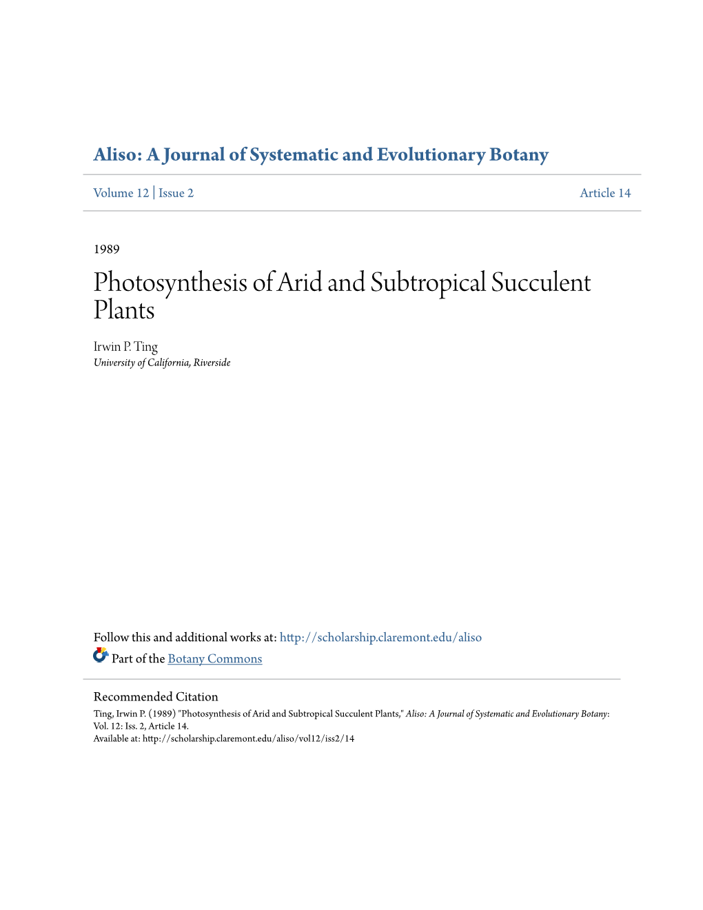 Photosynthesis of Arid and Subtropical Succulent Plants Irwin P