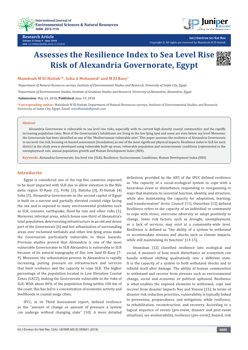 Assesses the Resilience Index to Sea Level Rise Risk of Alexandria Governorate, Egypt