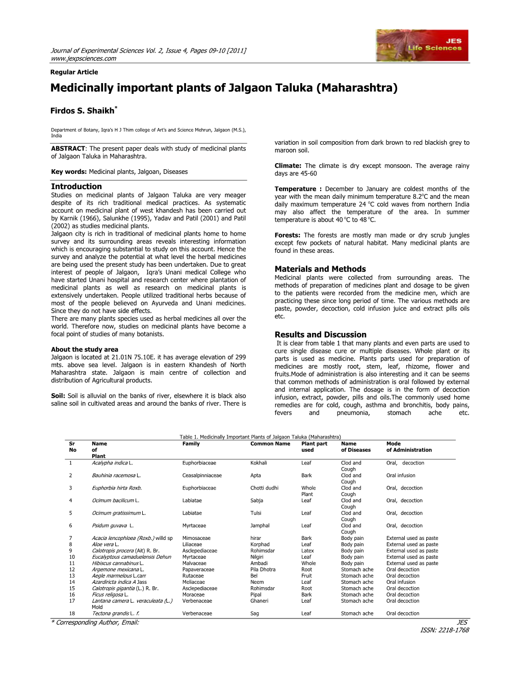 Medicinally Important Plants of Jalgaon Taluka (Maharashtra)