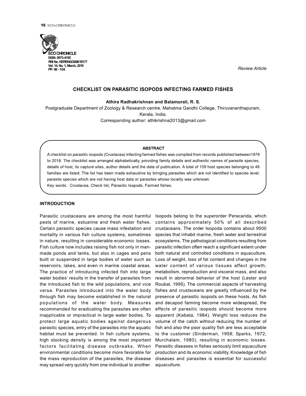 Checklist on Parasitic Isopods Infecting Farmed Fishes