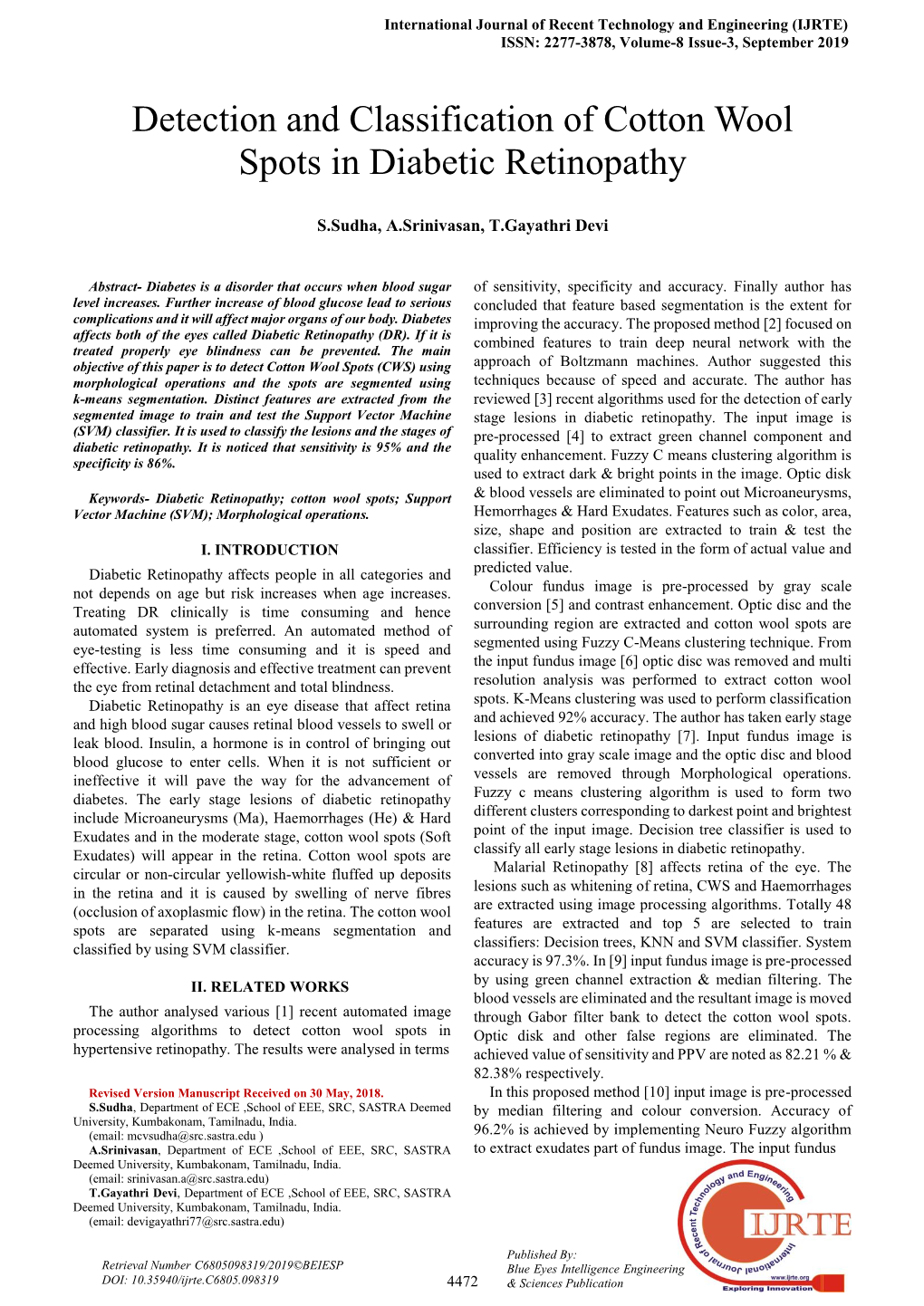 Detection and Classification of Cotton Wool Spots in Diabetic Retinopathy