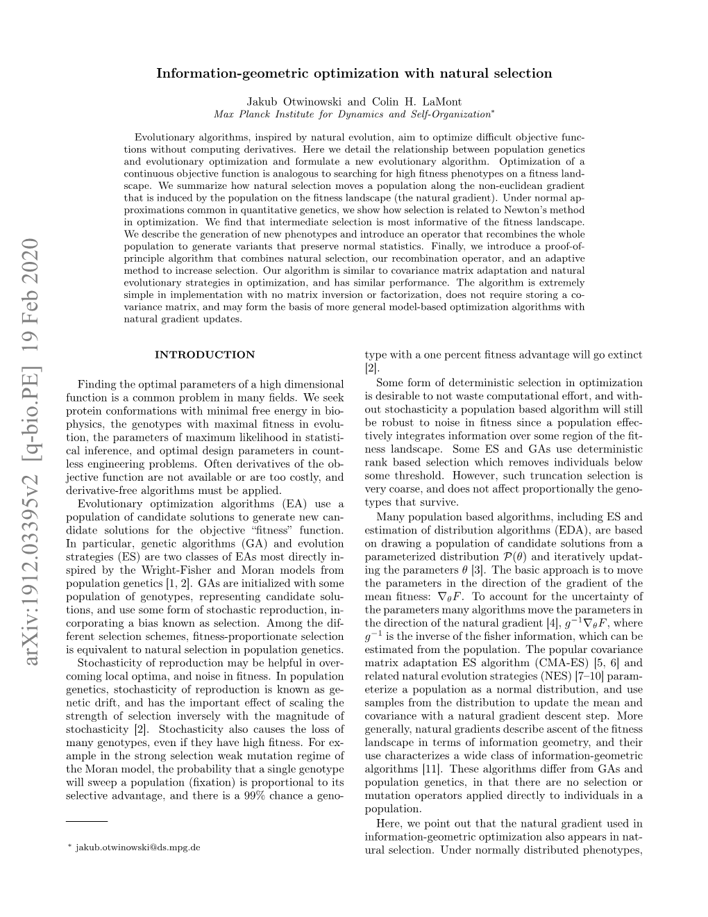 Arxiv:1912.03395V2 [Q-Bio.PE] 19 Feb 2020