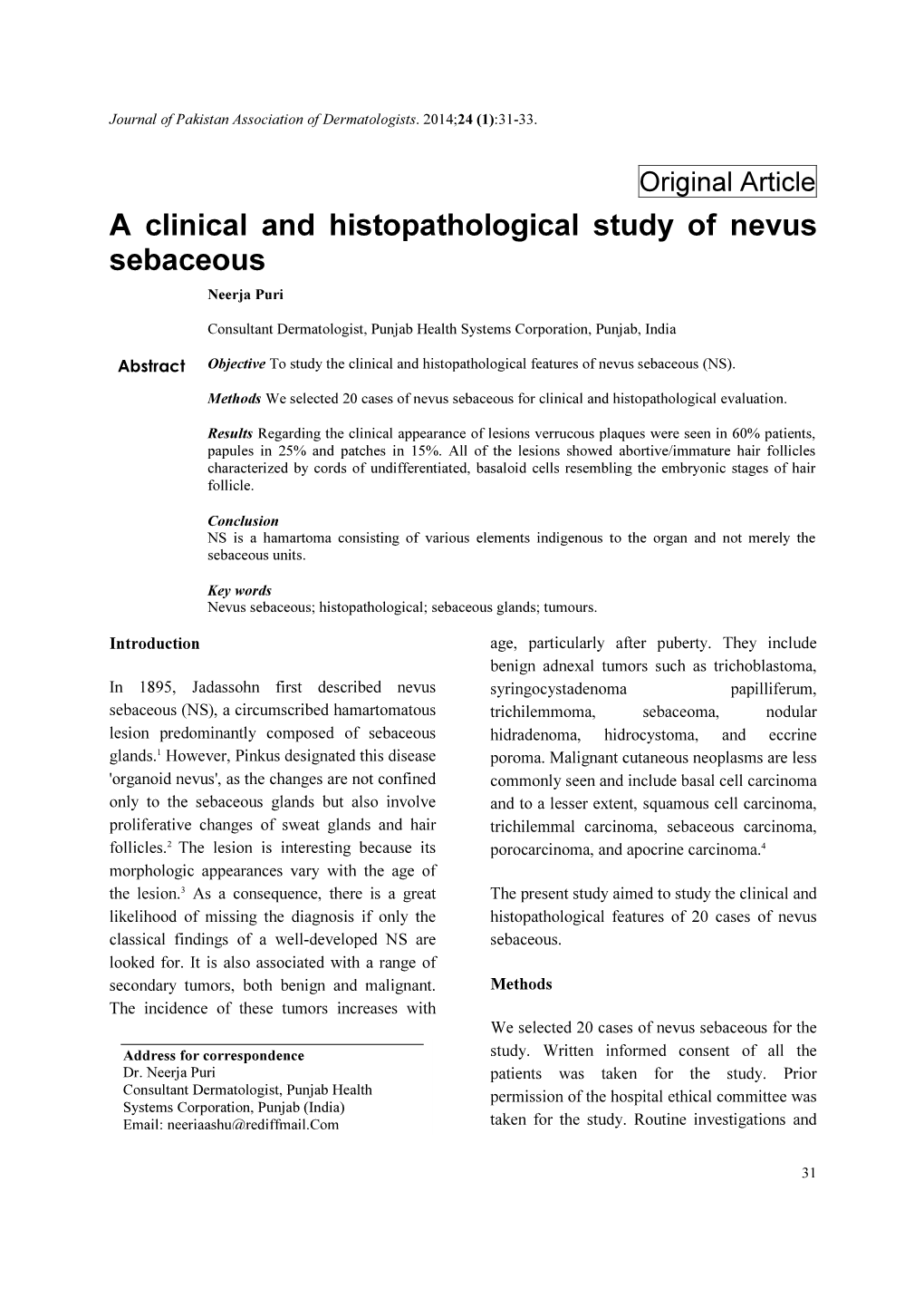 A Clinical and Histopathological Study of Nevus Sebaceous Neerja Puri