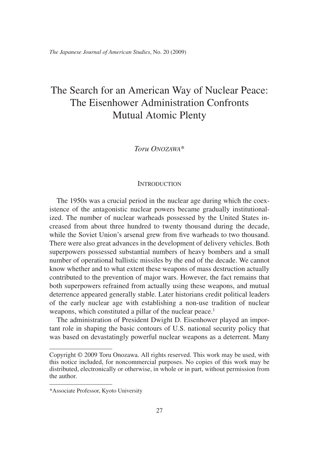 The Search for an American Way of Nuclear Peace: the Eisenhower Administration Confronts Mutual Atomic Plenty