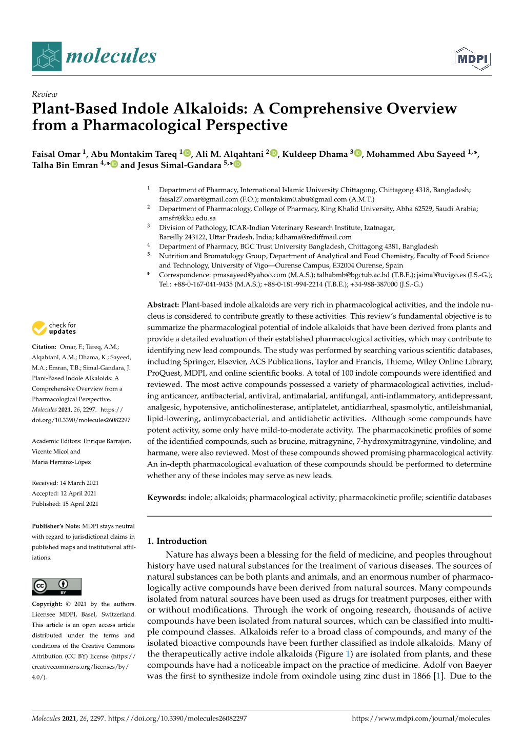 Plant-Based Indole Alkaloids: a Comprehensive Overview from a Pharmacological Perspective