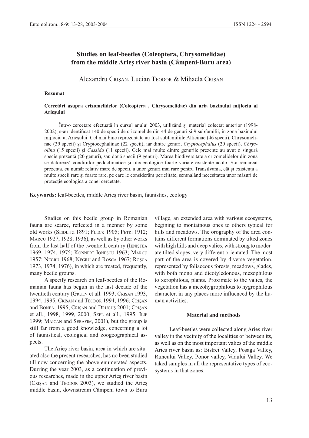 Studies on Leaf-Beetles (Coleoptera, Chrysomelidae) from the Middle Arieş River Basin (Câmpeni-Buru Area)