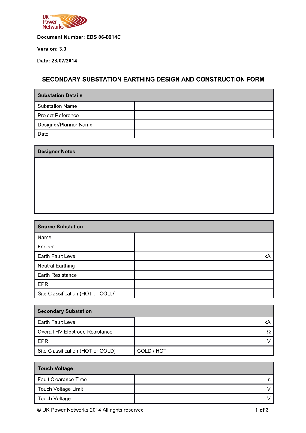 EDS 06-0014C Secondary Substation Earthing Design and Construction Form