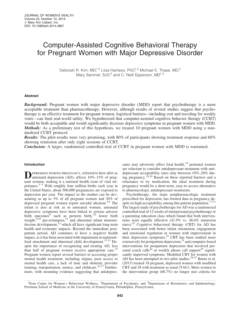 Computer-Assisted Cognitive Behavioral Therapy for Pregnant Women with Major Depressive Disorder