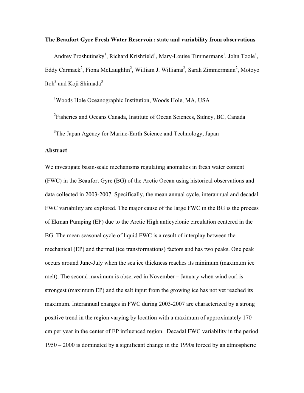 The Beaufort Gyre Fresh Water Reservoir: State and Variability from Observations