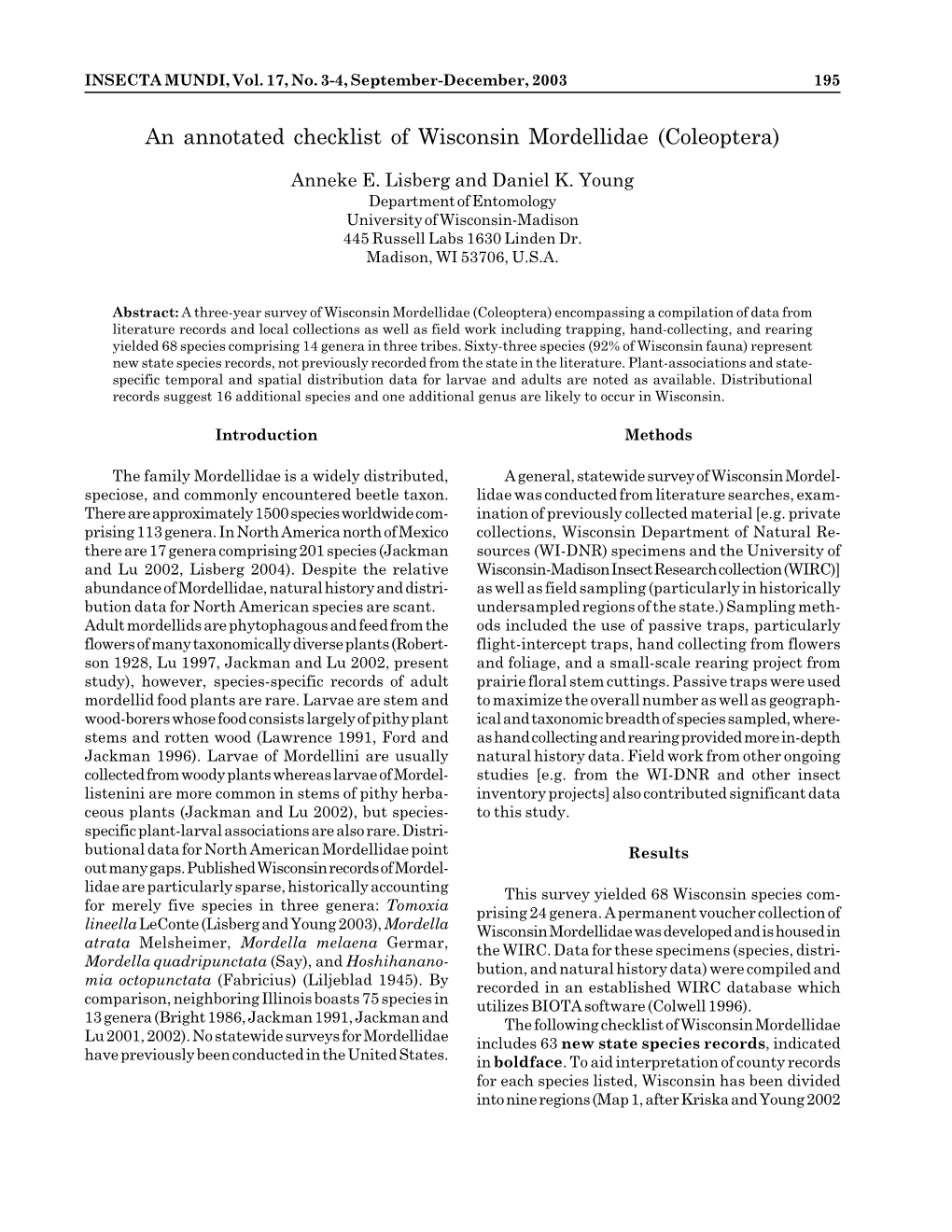 An Annotated Checklist of Wisconsin Mordellidae (Coleoptera)