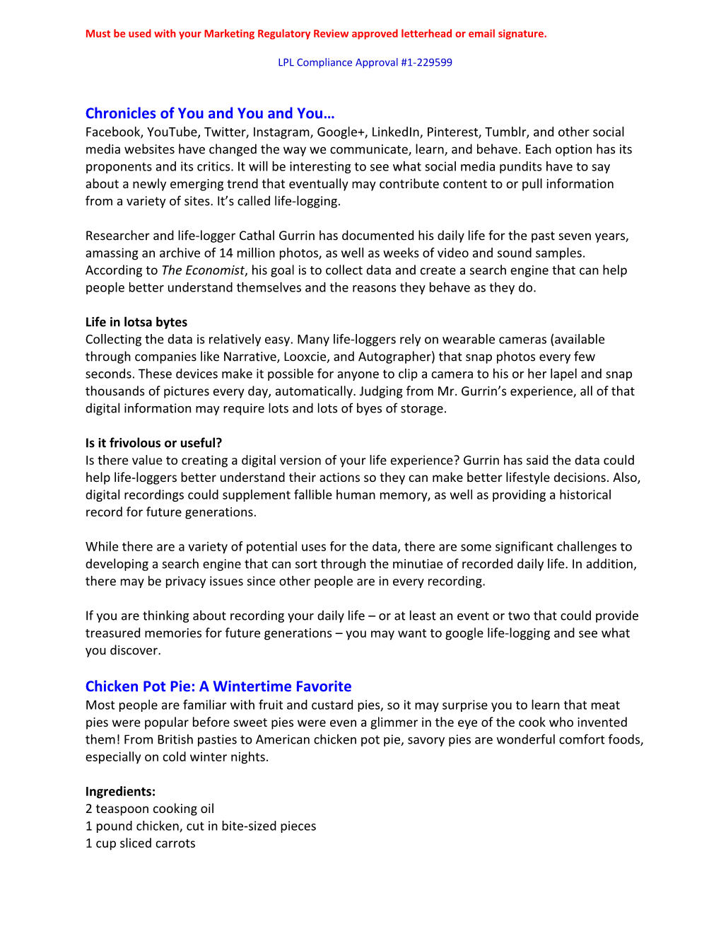 Lifestyle Newsletter First Quarter 2014