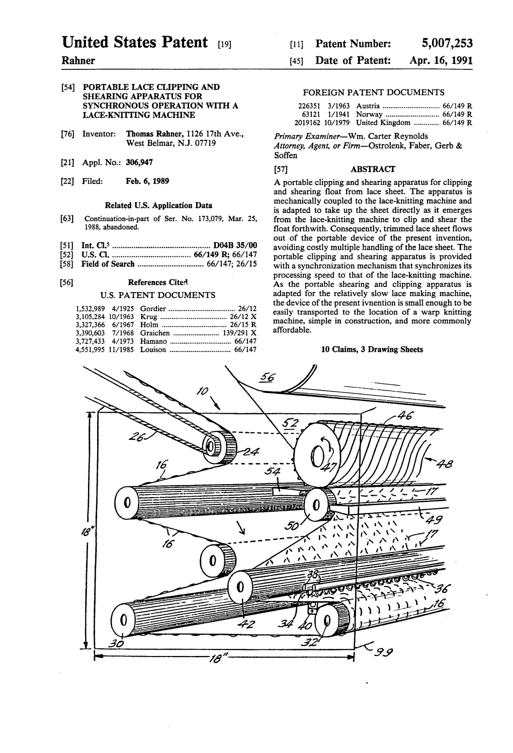 United States Patent (19) 11 Patent Number: 5,007,253 Rahner 45) Date of Patent: Apr