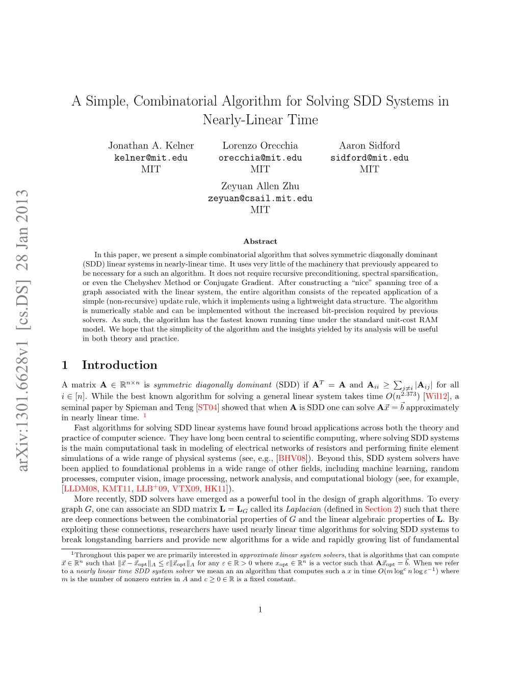 A Simple, Combinatorial Algorithm for Solving SDD Systems in Nearly-Linear Time