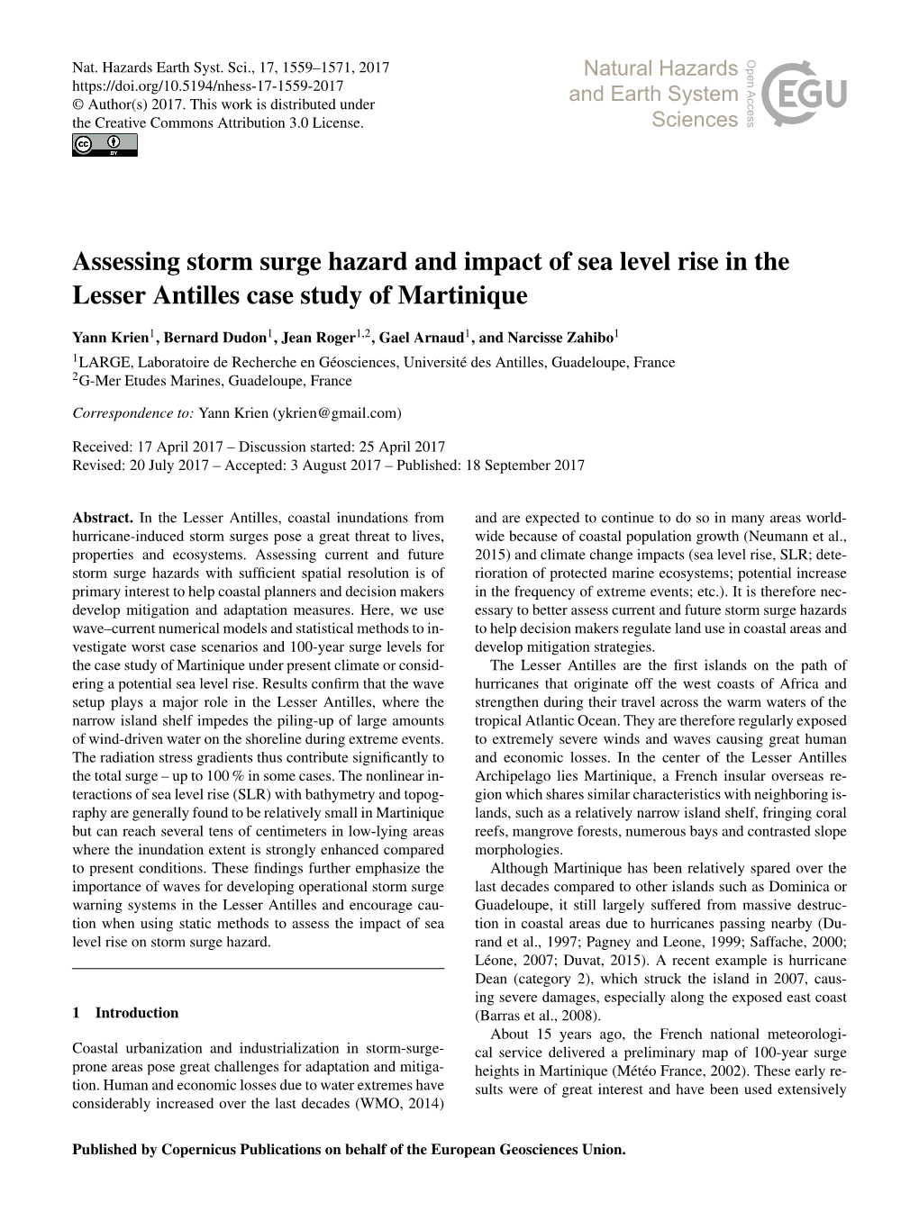 Assessing Storm Surge Hazard and Impact of Sea Level Rise in the Lesser Antilles Case Study of Martinique