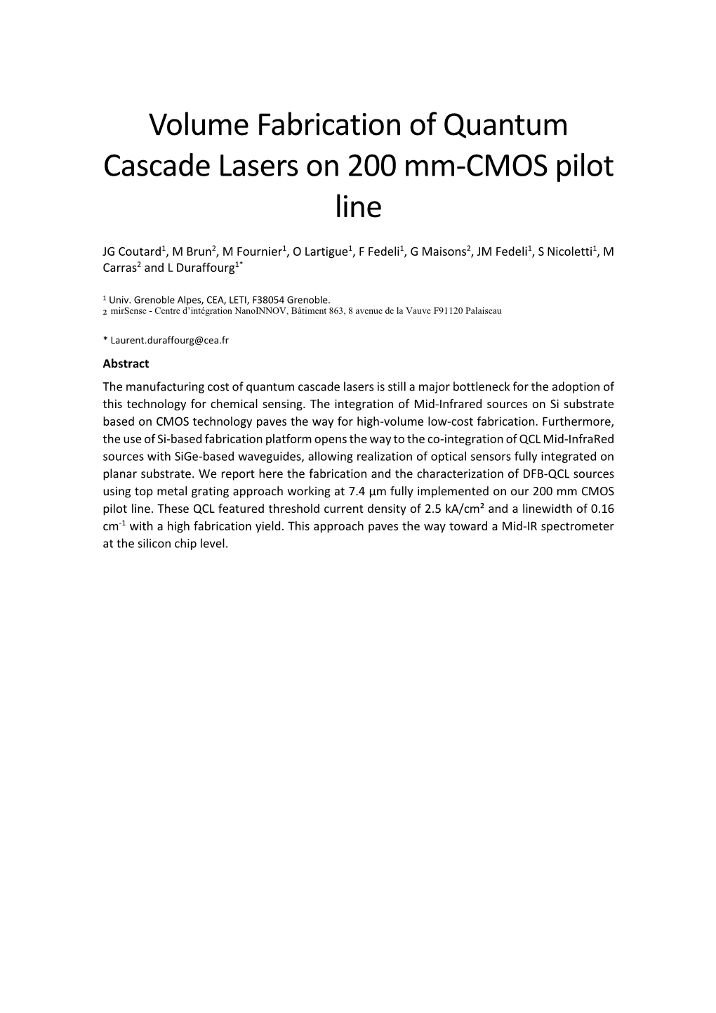 Volume Fabrication of Quantum Cascade Lasers on 200 Mm-CMOS Pilot Line
