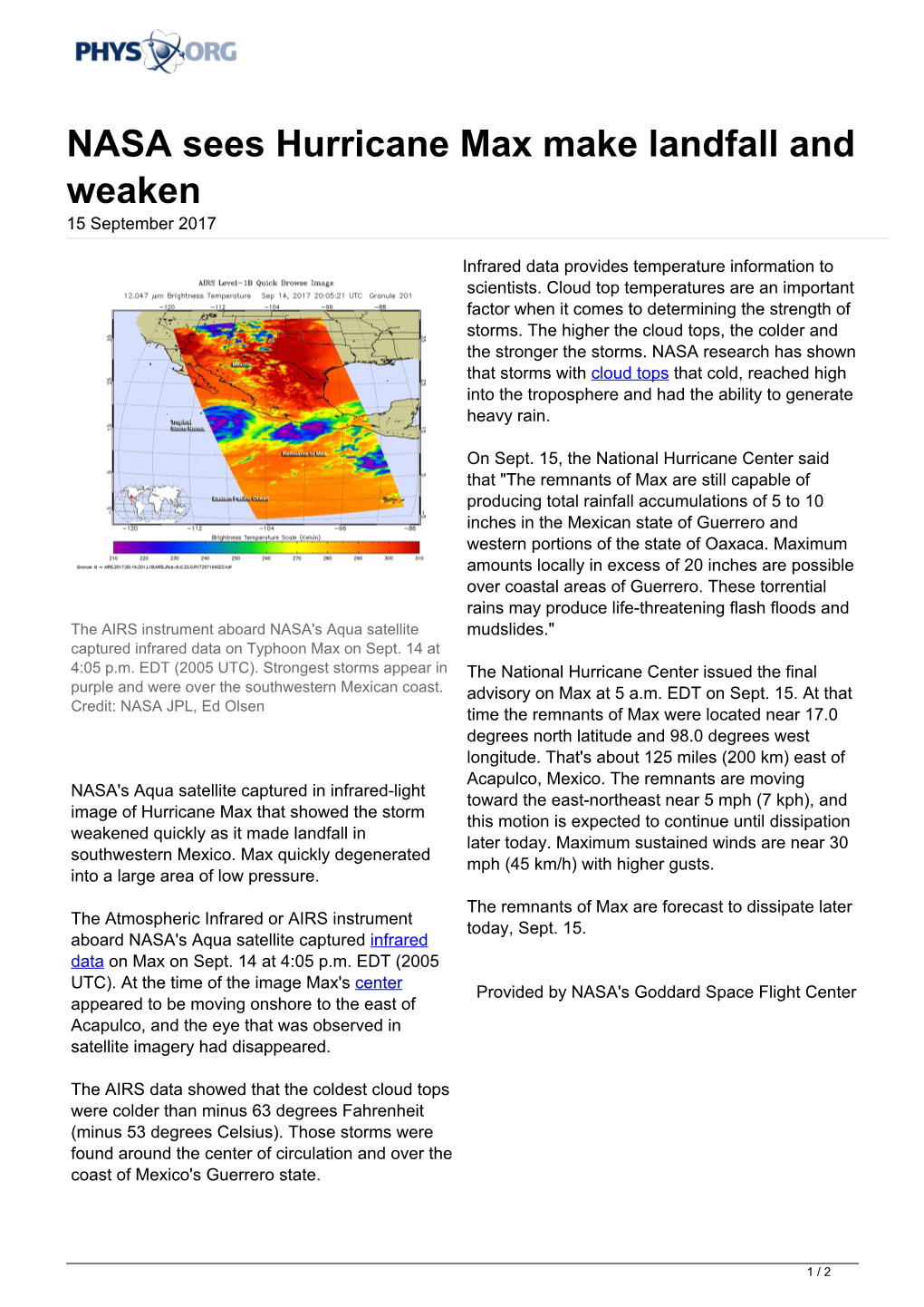 NASA Sees Hurricane Max Make Landfall and Weaken 15 September 2017