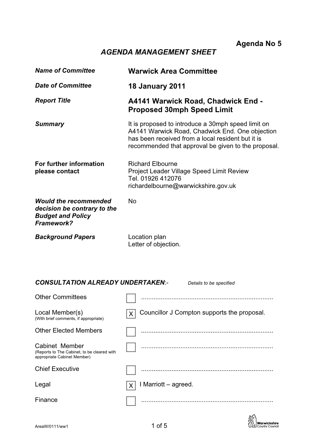 A4141 Warwick Road, Chadwick End - Proposed 30Mph Speed Limit