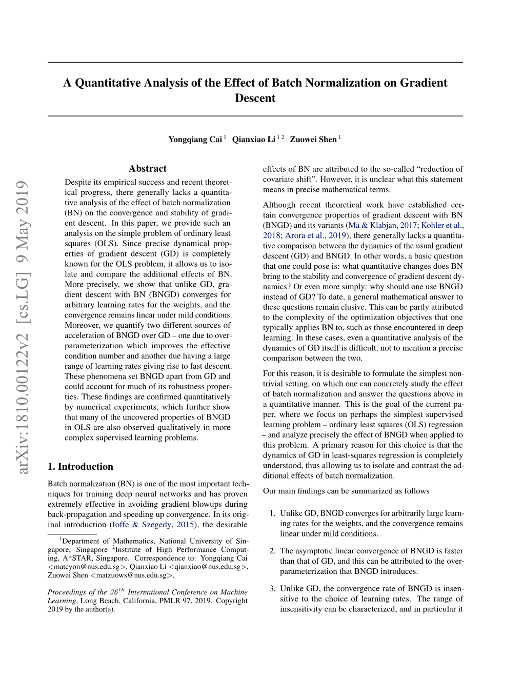 A Quantitative Analysis of the Effect of Batch Normalization on Gradient Descent