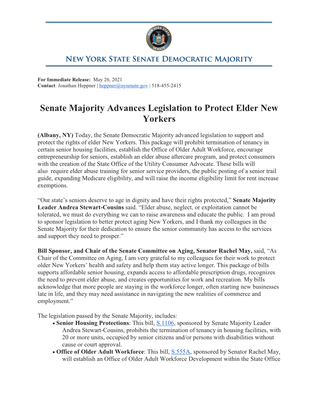 Senate Majority Advances Legislation to Protect Elder New Yorkers