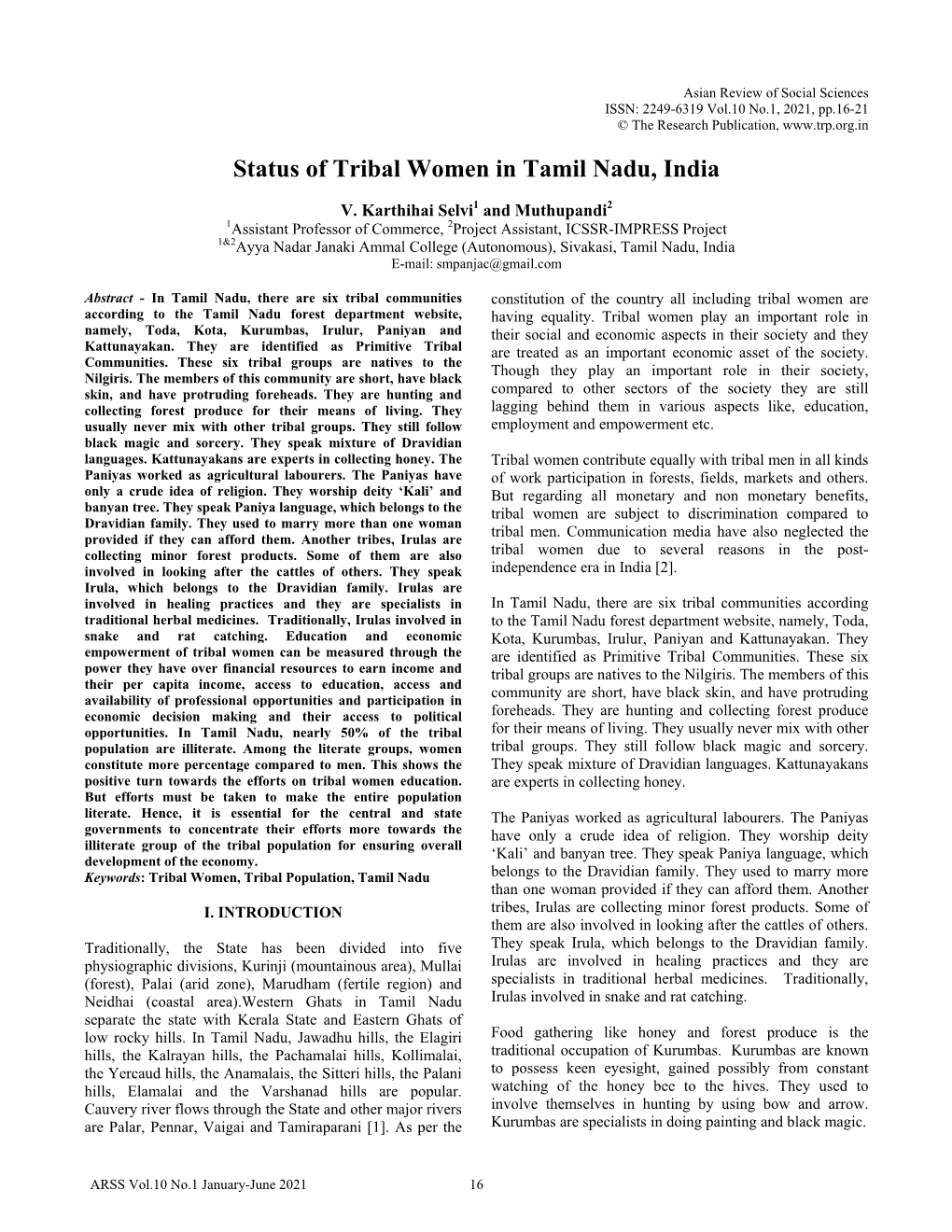 Status of Tribal Women in Tamil Nadu, India