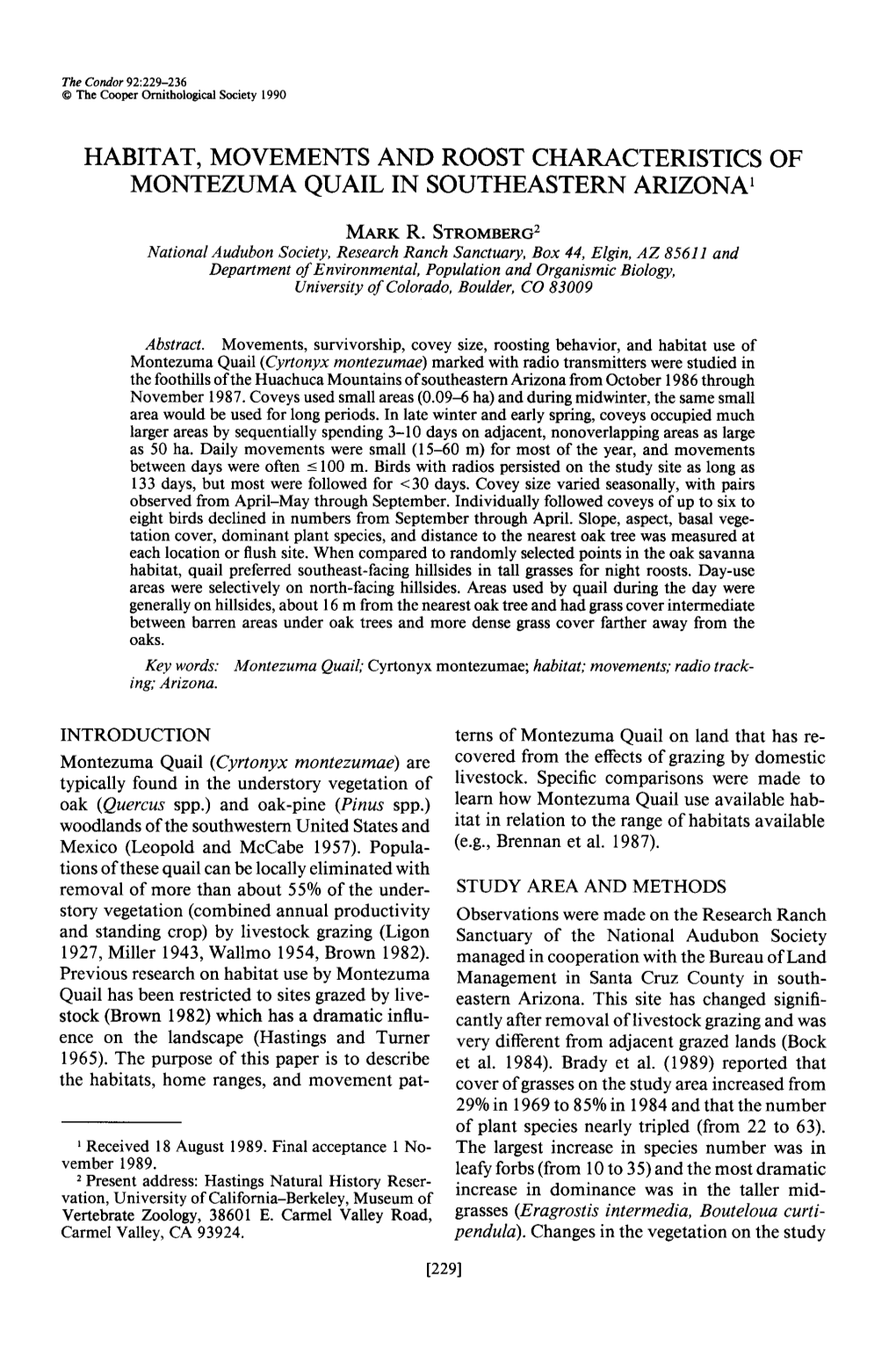 Habitat, Movements and Roost Characteristics of Montezuma Quail in Southeastern Arizona’