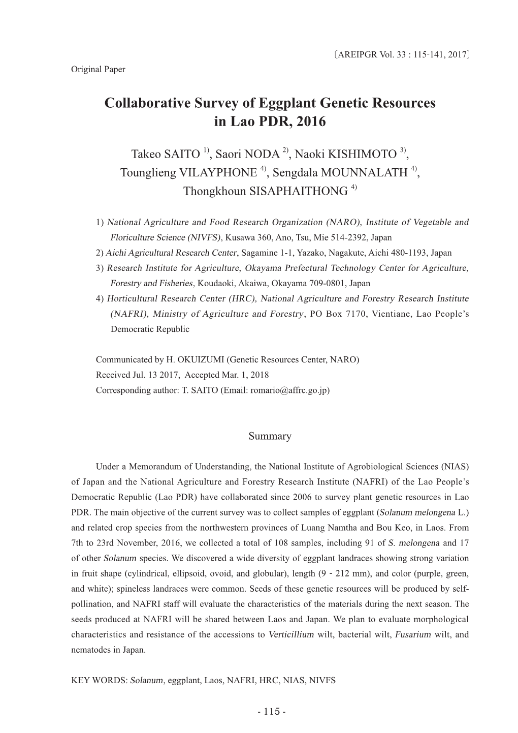 Collaborative Survey of Eggplant Genetic Resources in Lao PDR, 2016