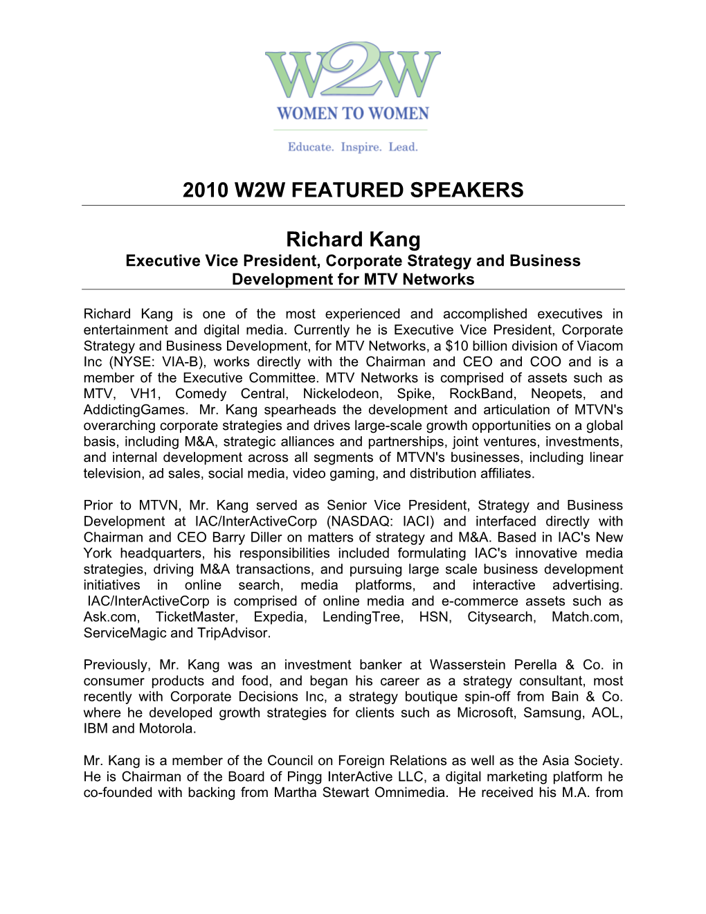 W2W 2010 Speaker Bios