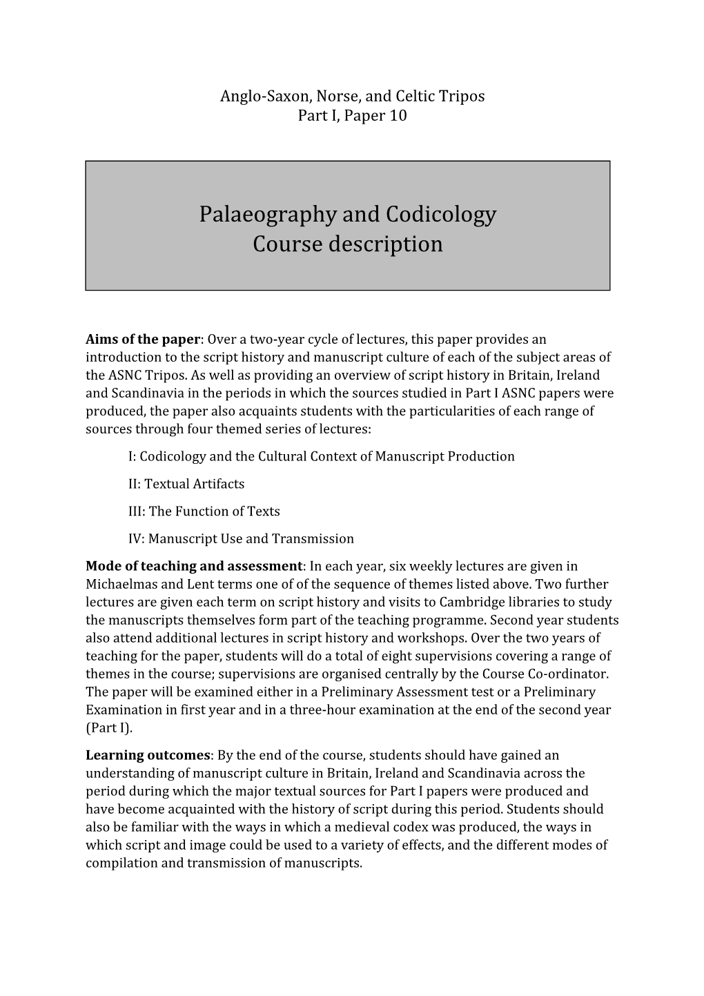 Palaeography and Codicology Course Description