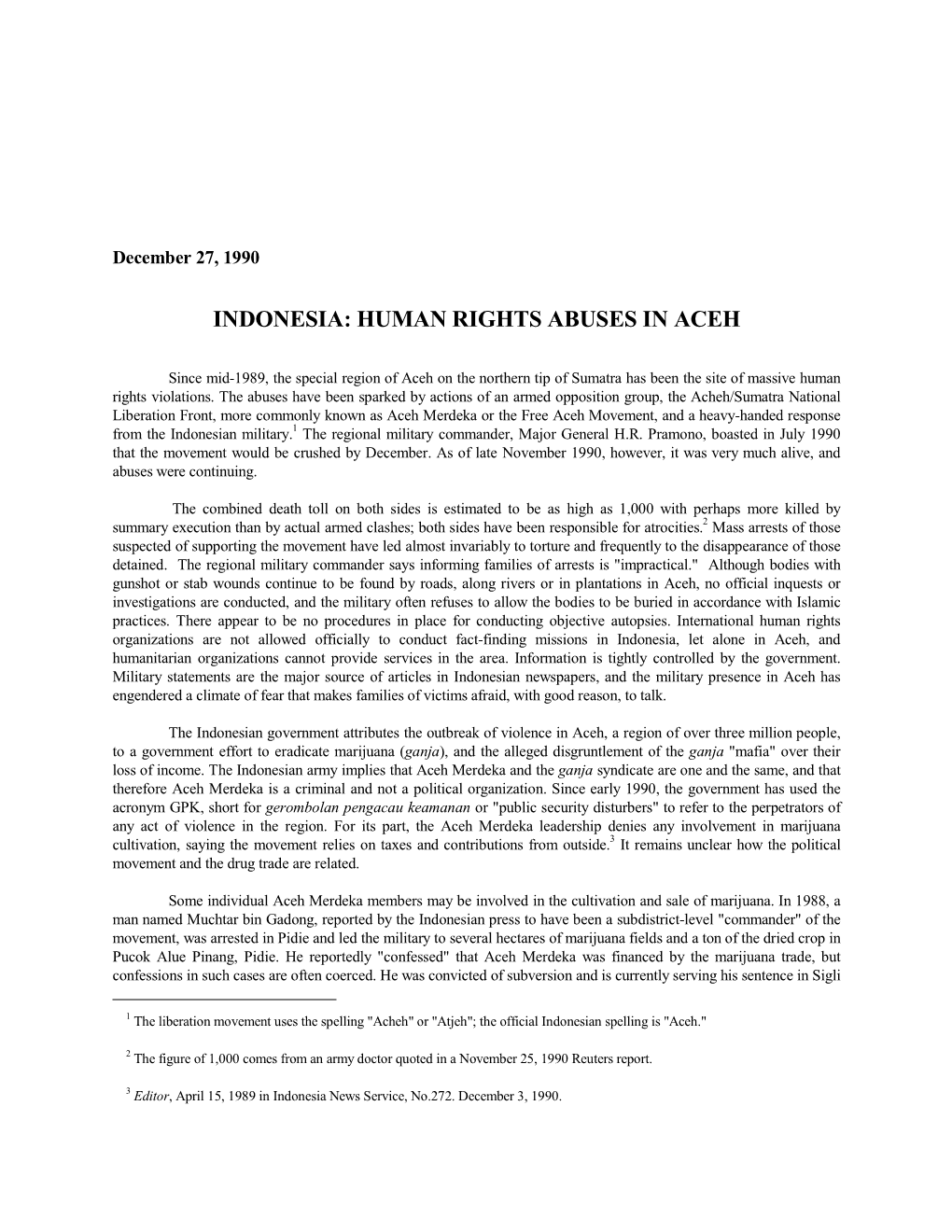 Indonesia: Human Rights Abuses in Aceh