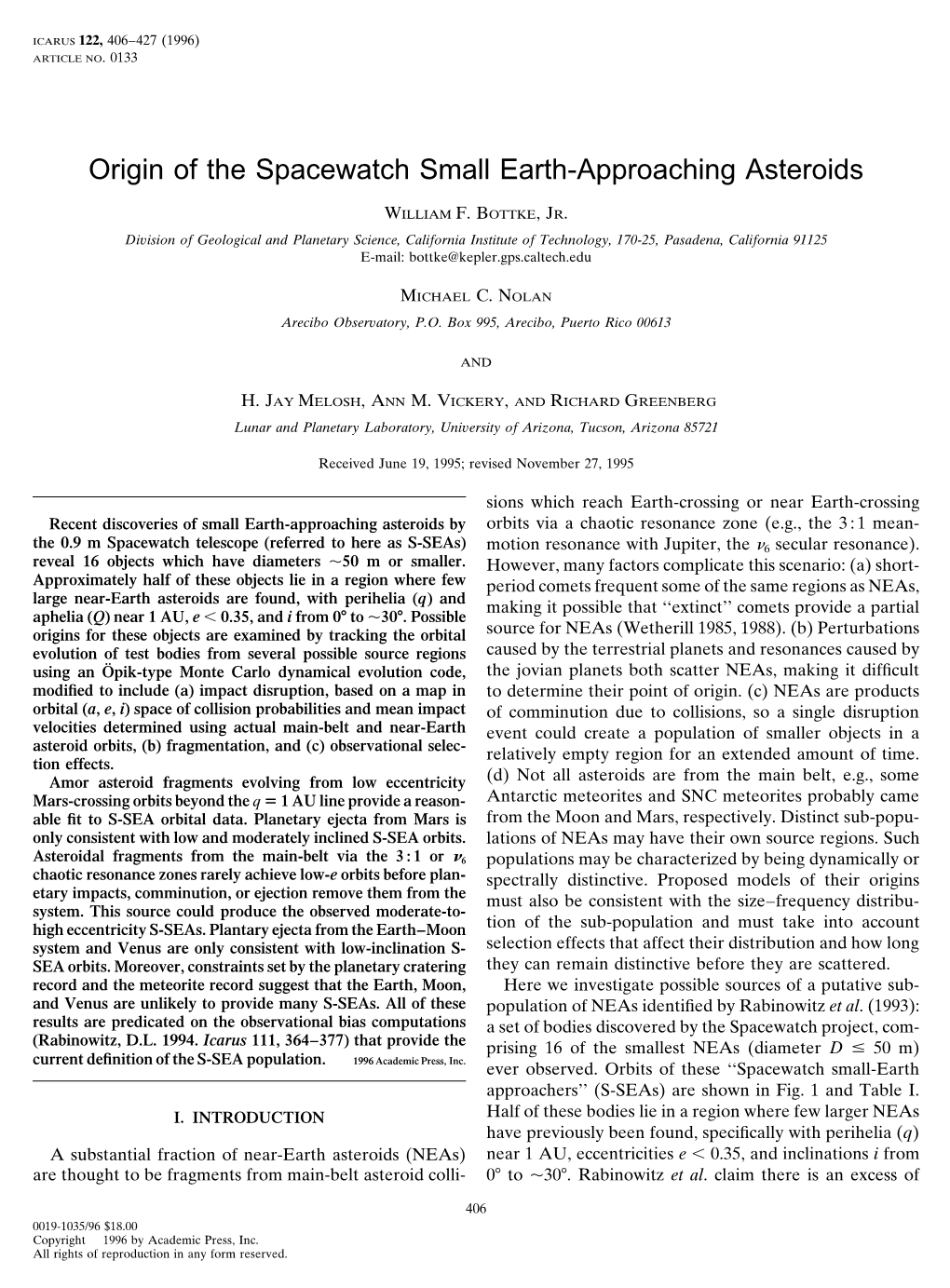 Origin of the Spacewatch Small Earth-Approaching Asteroids