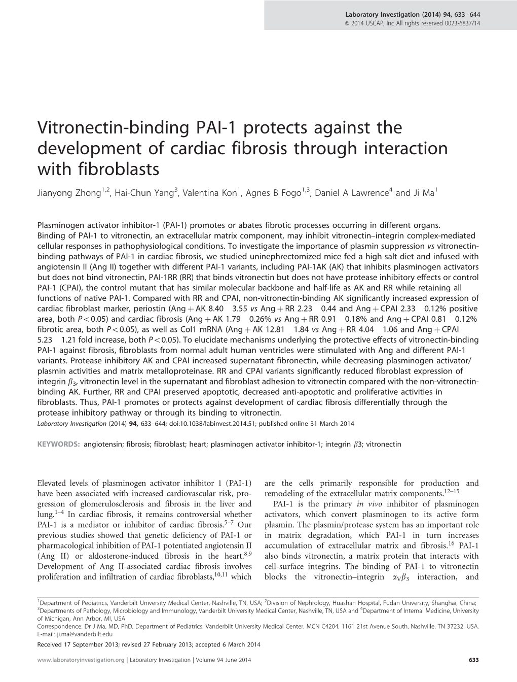 Vitronectin-Binding PAI-1 Protects Against the Development of Cardiac