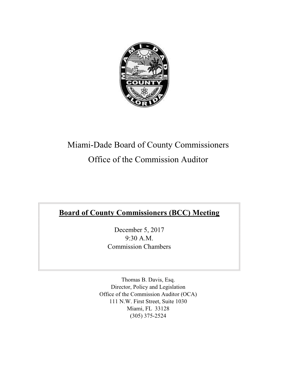 Miami-Dade Board of County Commissioners Office of the Commission Auditor