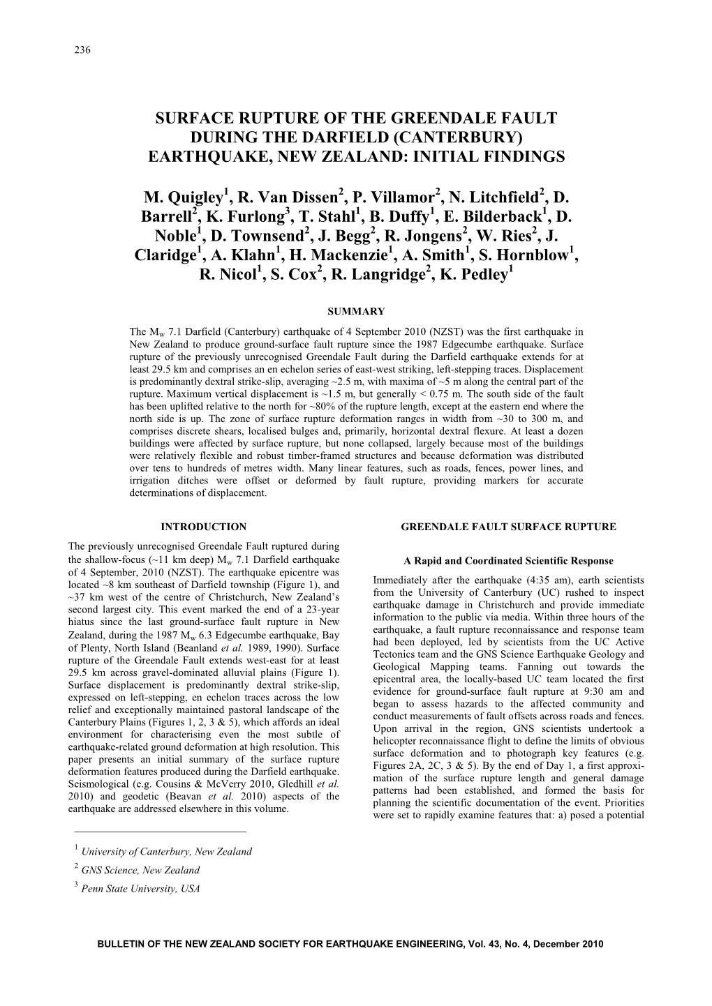 Surface Rupture of the Greendale Fault During the Darfield (Canterbury) Earthquake, New Zealand: Initial Findings